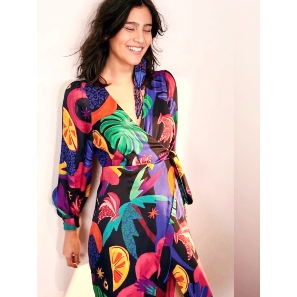 Farm Rio Mystic Jungle Wrap Jumpsuit Women M Electric Tropical Beaded Tie-Belt